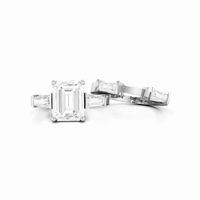 Three Stone Emerald & Baguette Cut CZ Stone Stackable Ring Set For Women