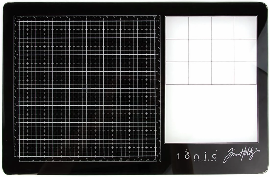 Tim Holtz Travel Glass Cutting Mat - Portable Work Surface with 8x8 Measuring Grid and Palette for Mixed Media - Art Supplies with Carry Case