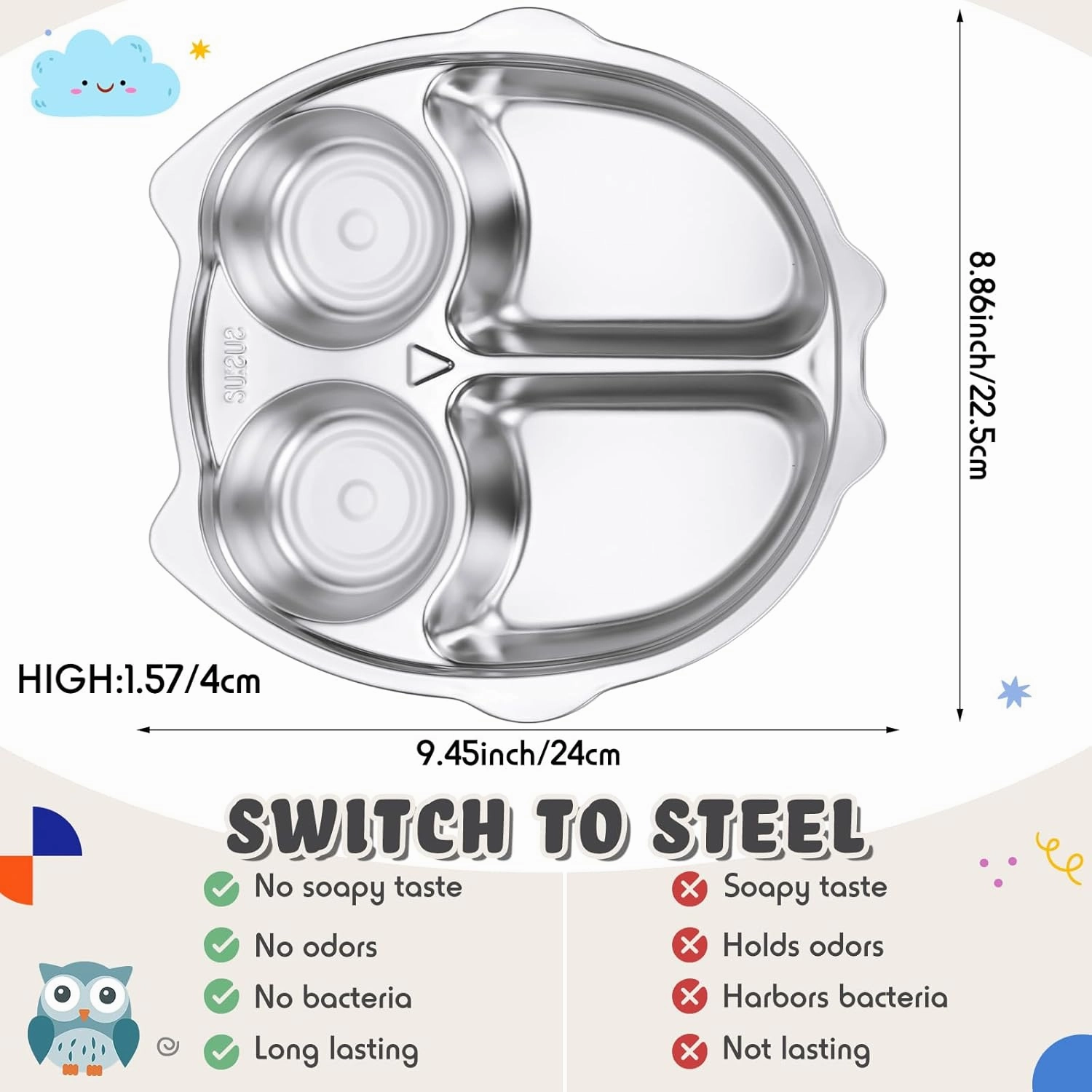 Tioncy 6 Pcs Stainless Steel Kids Plates 4 Sections Divided Unbreakable Dinner Plates Cute Owl Shape Bowls for Babies, Toddlers and Kids Lunch, Portion Control, Camping