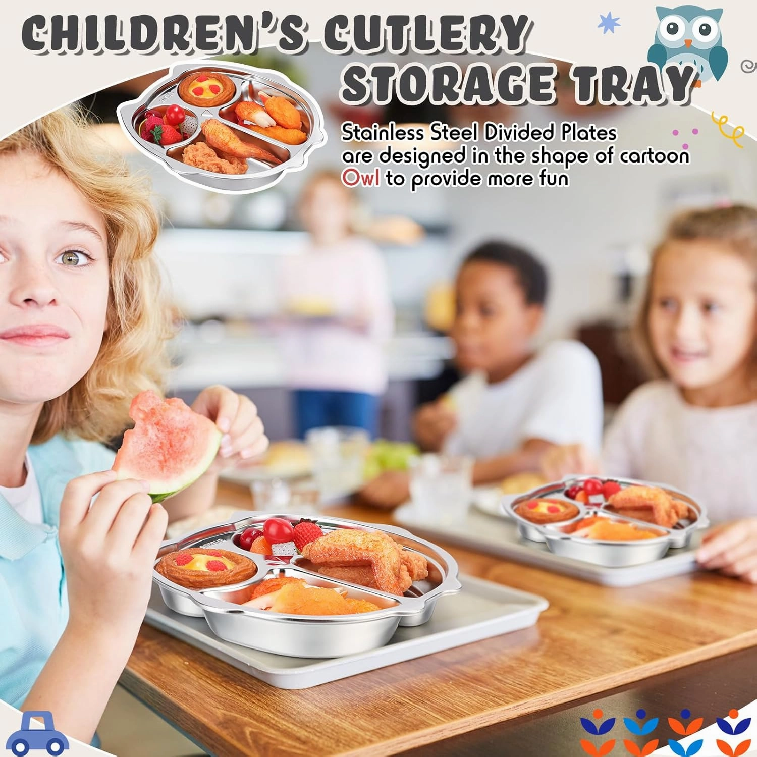 Tioncy 6 Pcs Stainless Steel Kids Plates 4 Sections Divided Unbreakable Dinner Plates Cute Owl Shape Bowls for Babies, Toddlers and Kids Lunch, Portion Control, Camping
