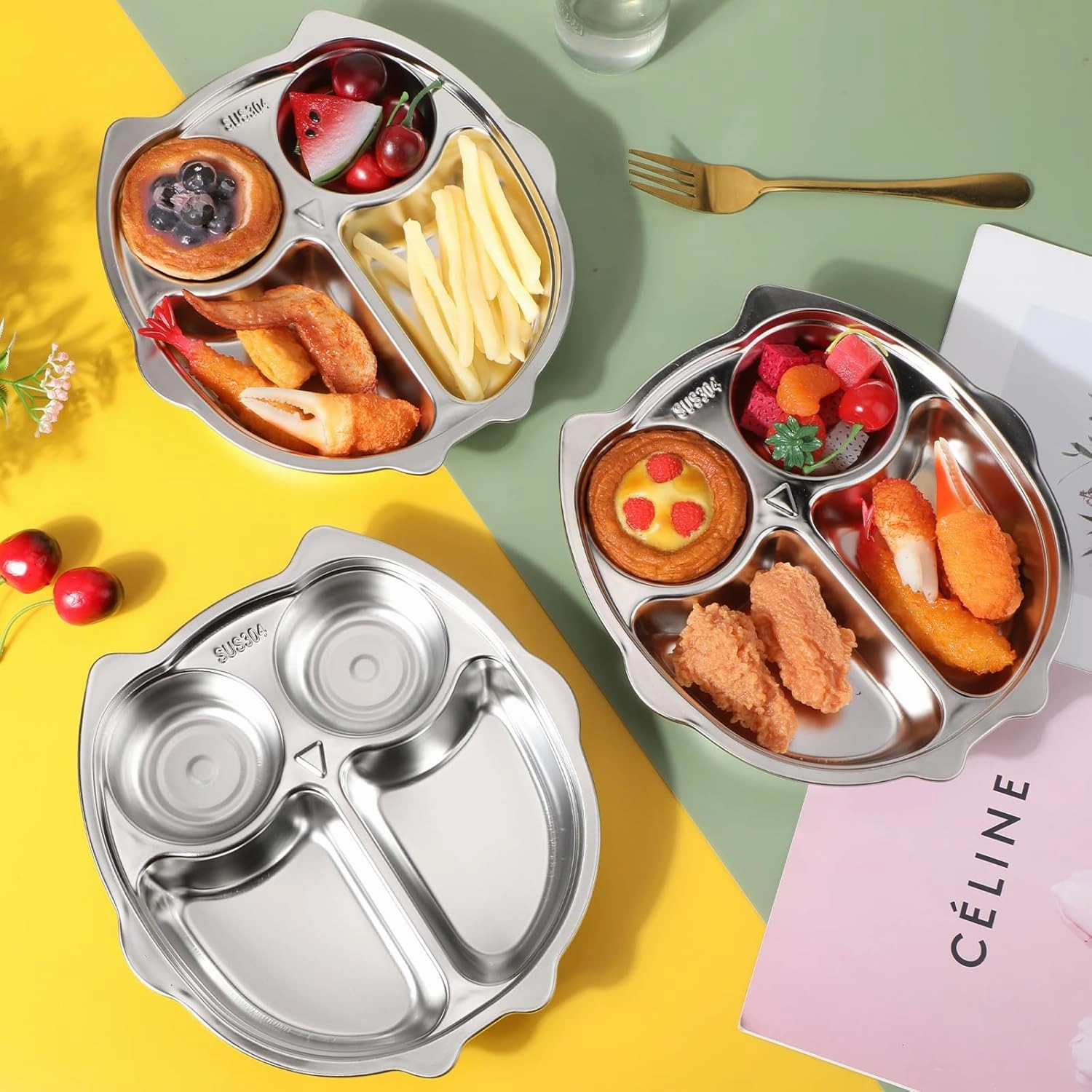 Tioncy 6 Pcs Stainless Steel Kids Plates 4 Sections Divided Unbreakable Dinner Plates Cute Owl Shape Bowls for Babies, Toddlers and Kids Lunch, Portion Control, Camping