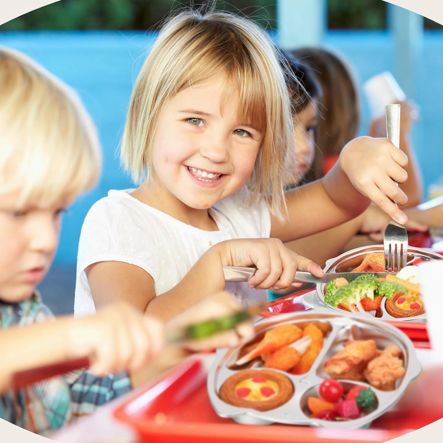 Tioncy 6 Pcs Stainless Steel Kids Plates 4 Sections Divided Unbreakable Dinner Plates Cute Owl Shape Bowls for Babies, Toddlers and Kids Lunch, Portion Control, Camping