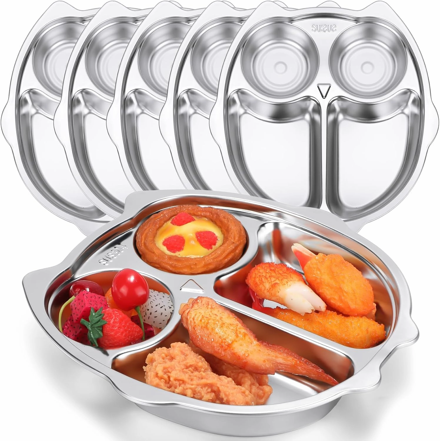 Tioncy 6 Pcs Stainless Steel Kids Plates 4 Sections Divided Unbreakable Dinner Plates Cute Owl Shape Bowls for Babies, Toddlers and Kids Lunch, Portion Control, Camping