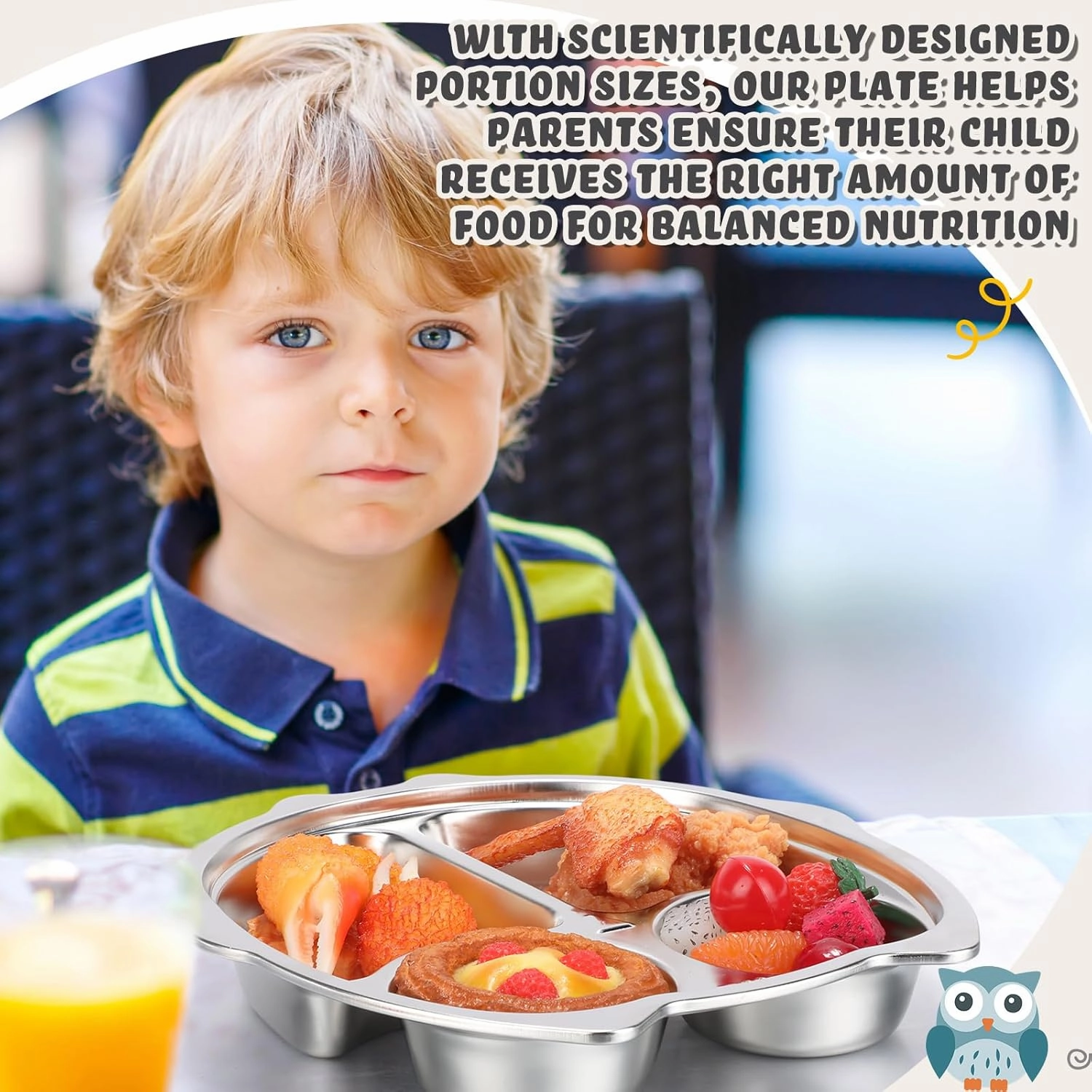 Tioncy 6 Pcs Stainless Steel Kids Plates 4 Sections Divided Unbreakable Dinner Plates Cute Owl Shape Bowls for Babies, Toddlers and Kids Lunch, Portion Control, Camping
