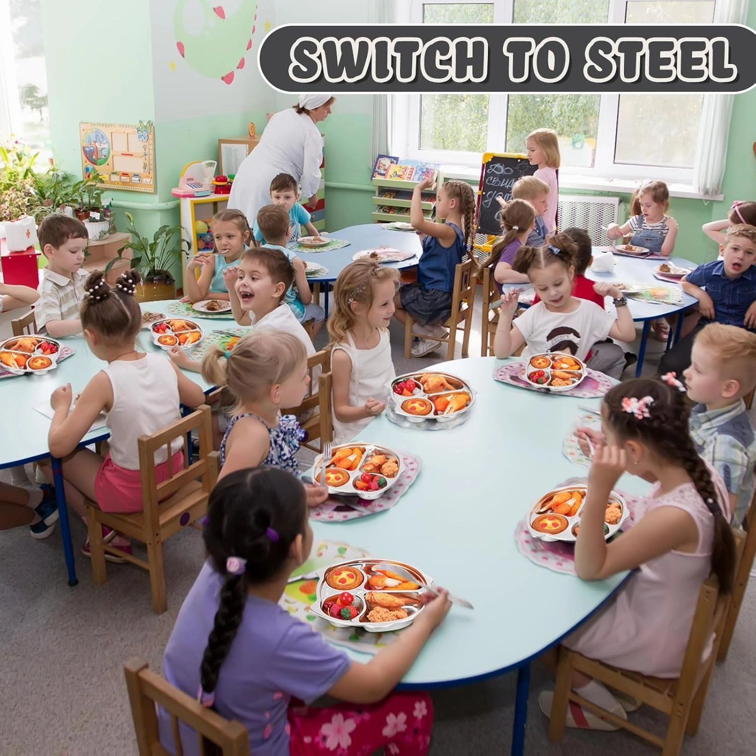 Tioncy 6 Pcs Stainless Steel Kids Plates 4 Sections Divided Unbreakable Dinner Plates Cute Owl Shape Bowls for Babies, Toddlers and Kids Lunch, Portion Control, Camping