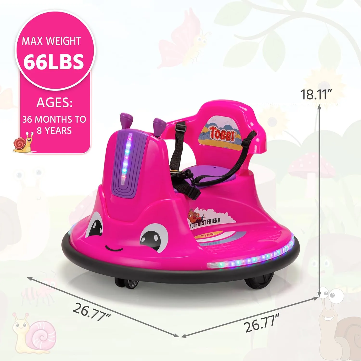 TOBBI Toddlers Bumper Car, 12v Baby Electric Ride On Snail Shape Toy with Remote Control/Children DIY Funny Stickers/360 Degree Spin for Kids of Ages 1.5-9 (Rose Red)