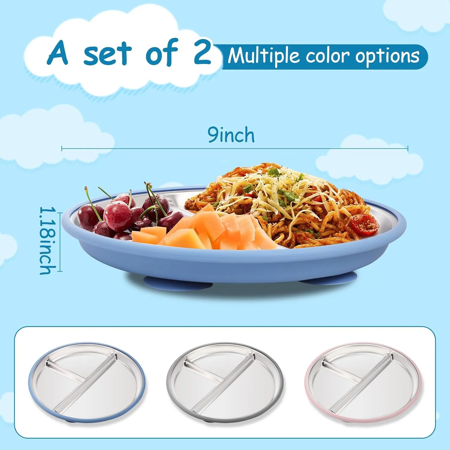 Toddler Plates Stainless Steel Kids Plates, 2 Pack Baby Plates with Suction Base | Non-Slip Removable Silicone Sleeves | Unbreakable Dishwasher Safe Dinnerware for Baby Led Weaning, Blue & Gray
