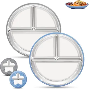 Toddler Plates Stainless Steel Kids Plates, 2 Pack Baby Plates with Suction Base | Non-Slip Removable Silicone Sleeves | Unbreakable Dishwasher Safe Dinnerware for Baby Led Weaning, Blue & Gray