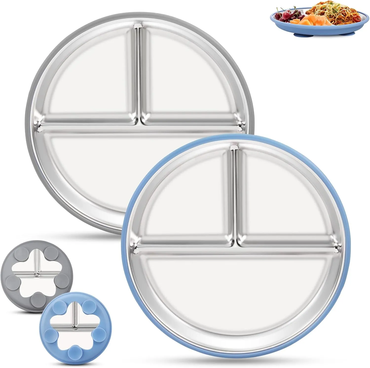 Toddler Plates Stainless Steel Kids Plates, 2 Pack Baby Plates with Suction Base | Non-Slip Removable Silicone Sleeves | Unbreakable Dishwasher Safe Dinnerware for Baby Led Weaning, Blue & Gray