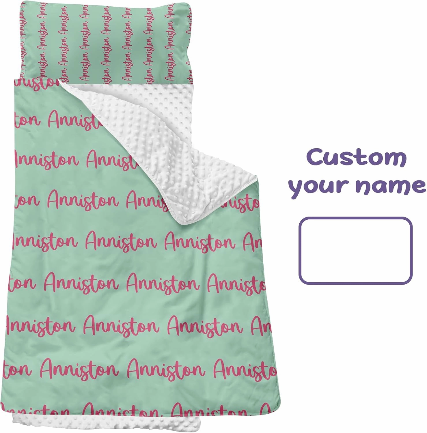 Toddler Nap Mat for Daycare, Personalized Kids Sleeping Bag with Pillow and Blanket, Portable Kindergarten Nap Mat with Custom Name, Preschool Travel Camping, Green & Pink