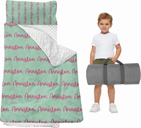 Toddler Nap Mat for Daycare, Personalized Kids Sleeping Bag with Pillow and Blanket, Portable Kindergarten Nap Mat with Custom Name, Preschool Travel Camping, Green & Pink