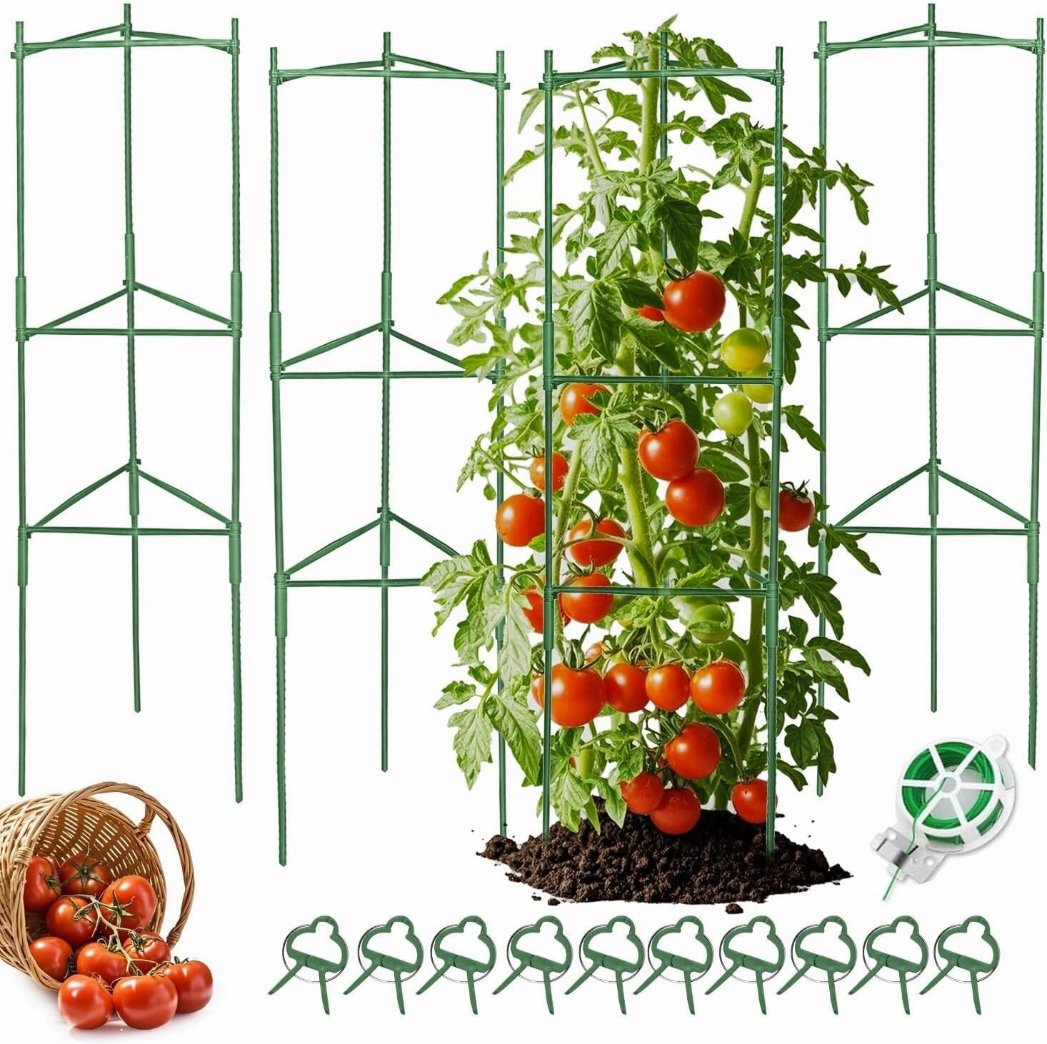 Tomato Cages for Garden, 4 Pack Up to 50” Tomato Trellis Height, Adjustable Plant Stakes with Plant Clips, DIY Shape Tomato Stakes, Garden Trellis for Climbing Vegetable Plants