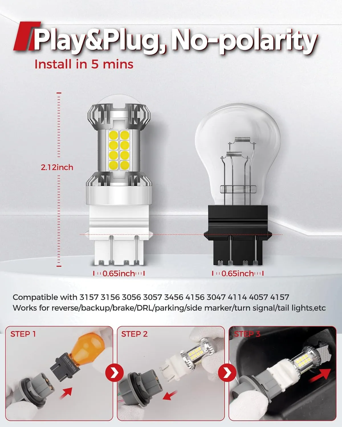 Torchbeam 3157 3156 LED Bulb Reverse Lights 6000K White, 600% Brighter 3056 3057 4057 4157 LED Light for TailLight, Backup light, DRL, Brake Parking Signal Light, Non-polarity, 38-SMD Upgrade, 2pcs