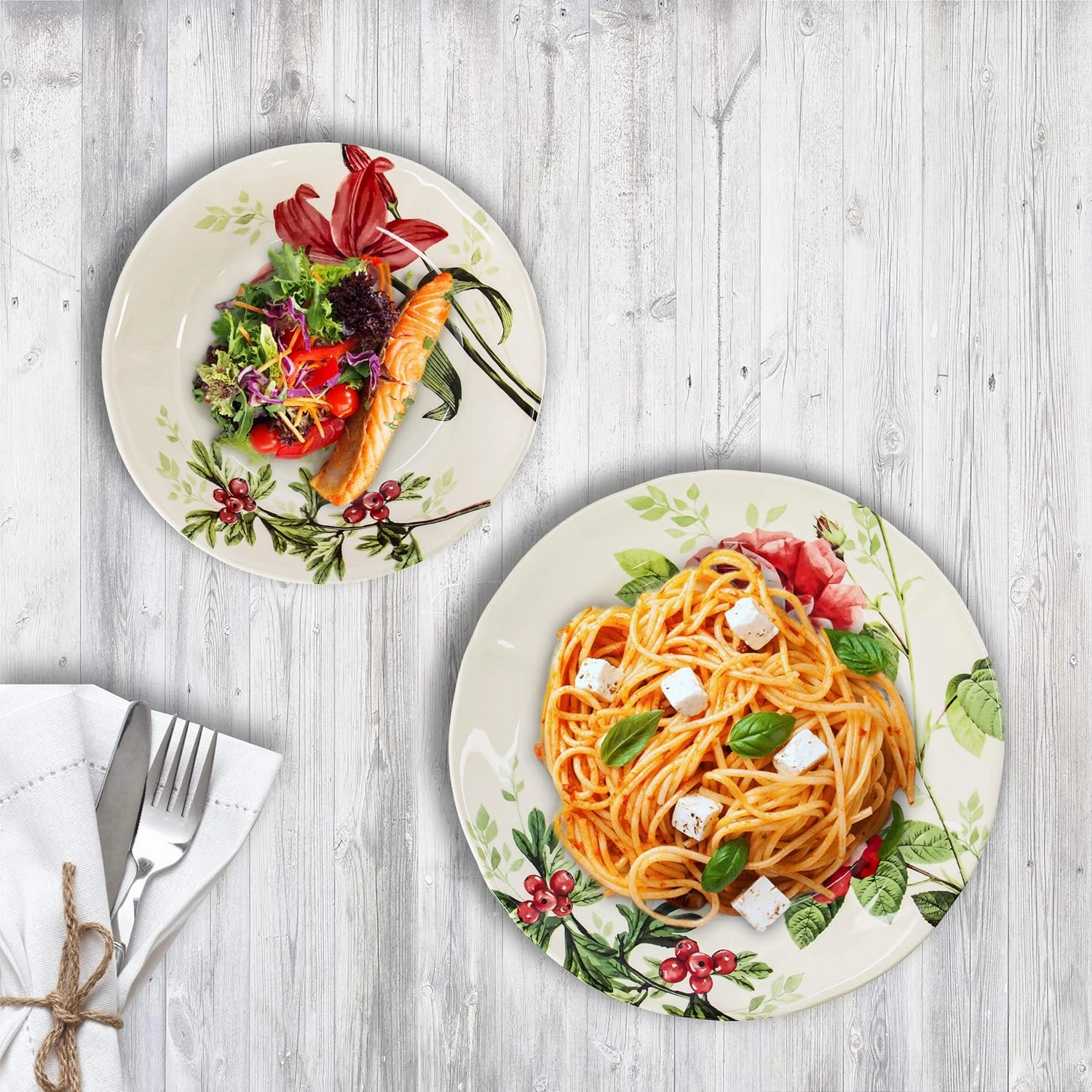 Tudor Royal 12-Piece Round Porcelain Dinnerware Set, Service for 4, Rosemary, Summer Flowers, Plates Bowls Dishes, Glossy, Premium Quality Dish Set, Unique Pattern