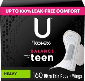 U by Kotex Balance Sized for Teens Ultra Thin Pads with Wings, Heavy Absorbency, 160 Count (4 Packs of 40) (Packaging May Vary)