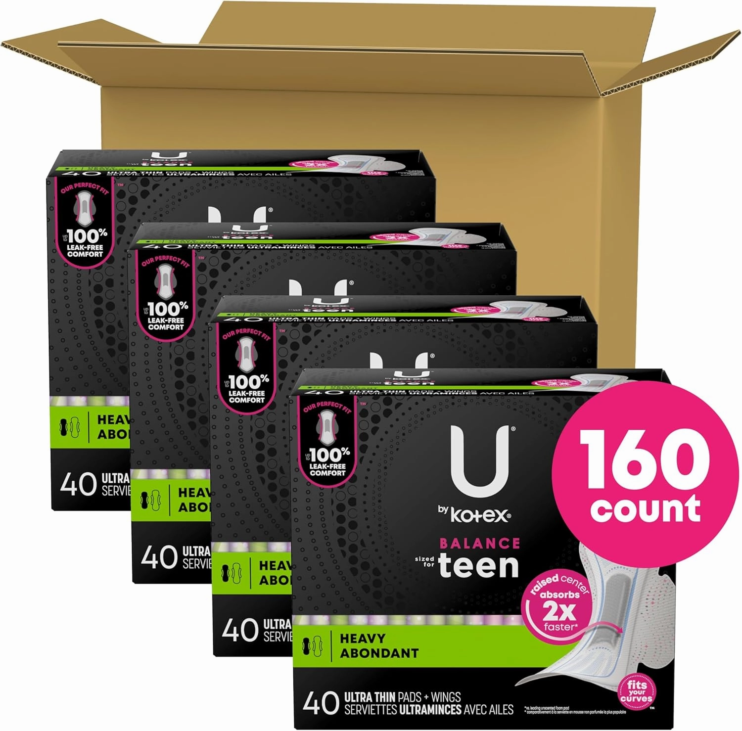 U by Kotex Balance Sized for Teens Ultra Thin Pads with Wings, Heavy Absorbency, 160 Count (4 Packs of 40) (Packaging May Vary)