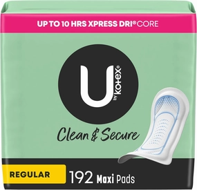 U by Kotex Clean & Secure Maxi Pads, Regular Absorbency, 192 Count (4 Packs of 48) (Packaging May Vary)