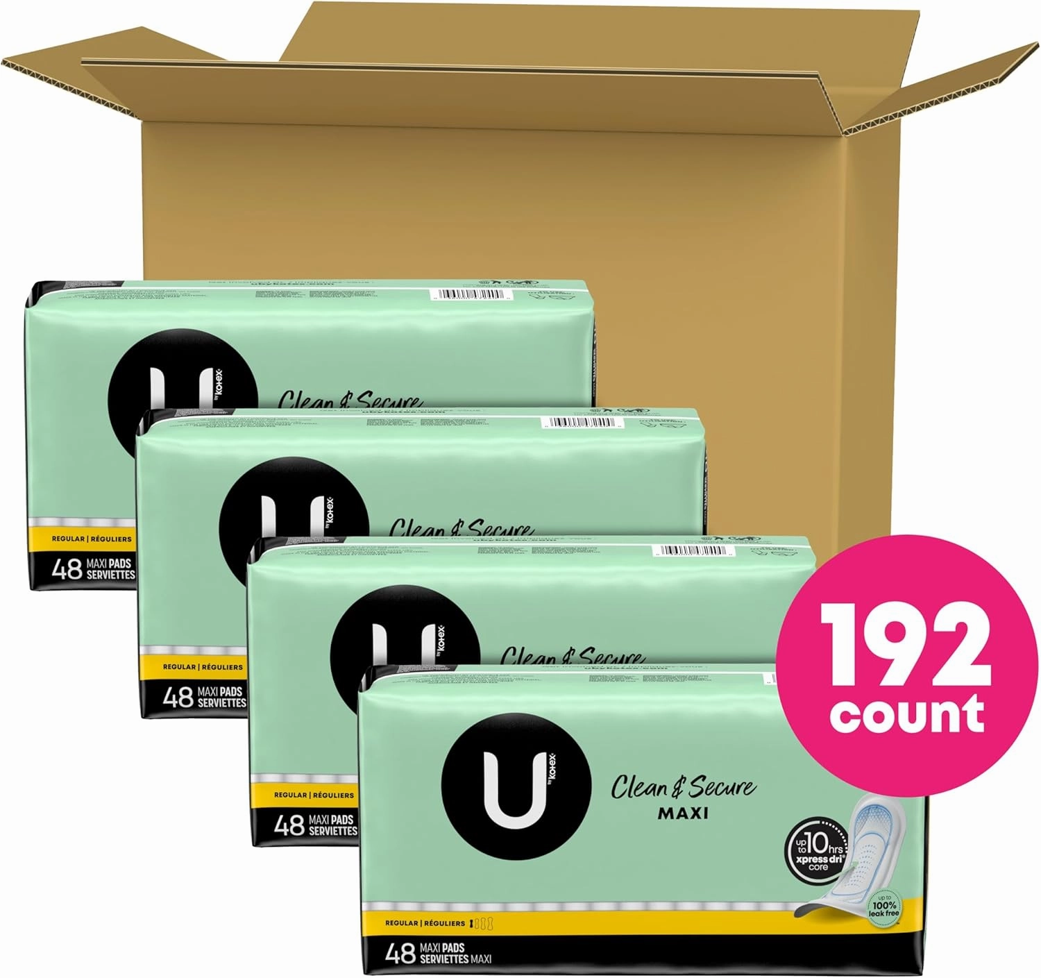 U by Kotex Clean & Secure Maxi Pads, Regular Absorbency, 192 Count (4 Packs of 48) (Packaging May Vary)