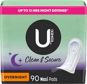 U by Kotex Clean & Secure Overnight Maxi Pads, 90 Count (3 Packs of 30) (Packaging May Vary)