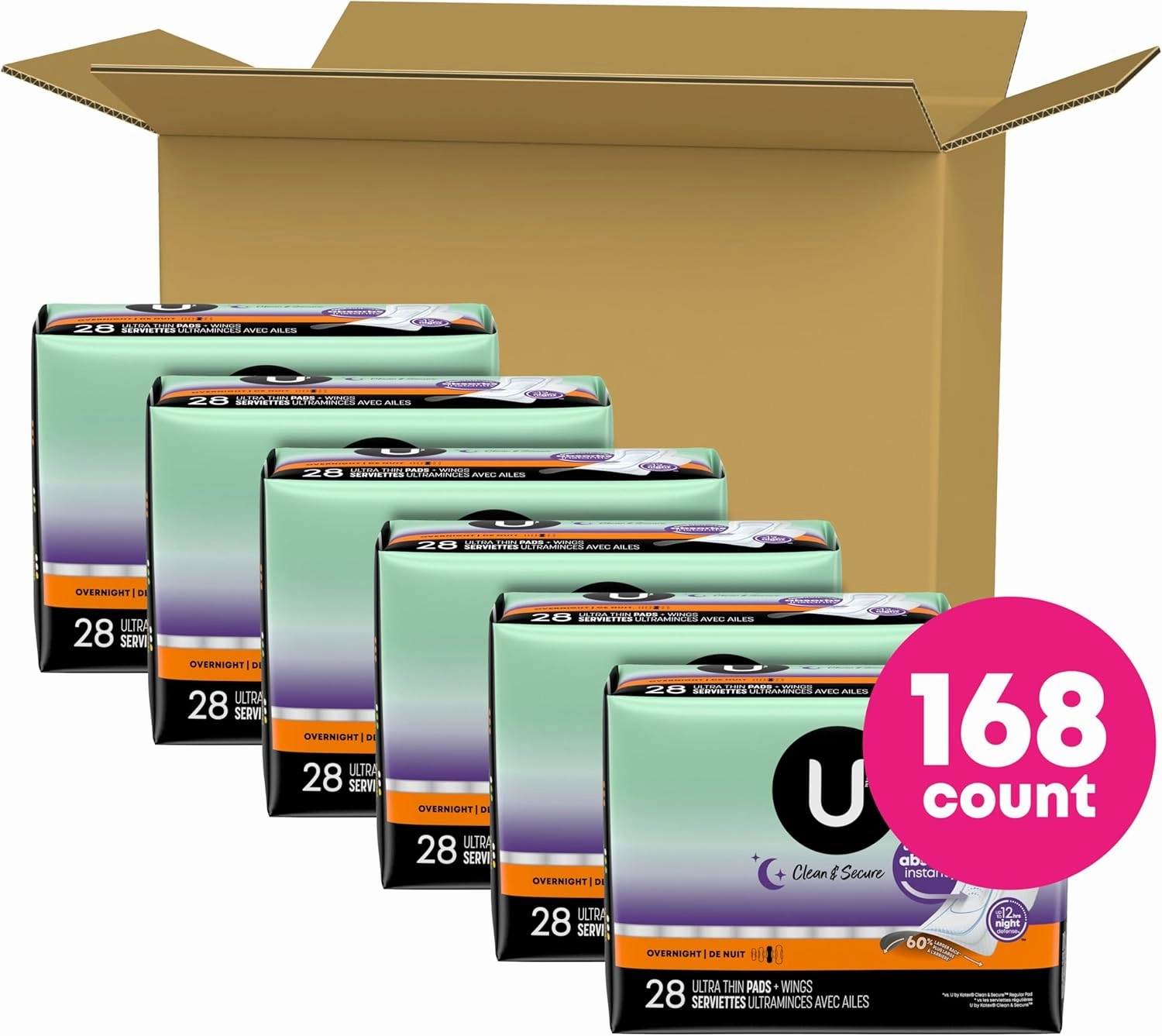 U by Kotex Clean & Secure Ultra Thin Overnight Pads with Wings, 168 Count (6 Packs of 28) (Packaging May Vary)