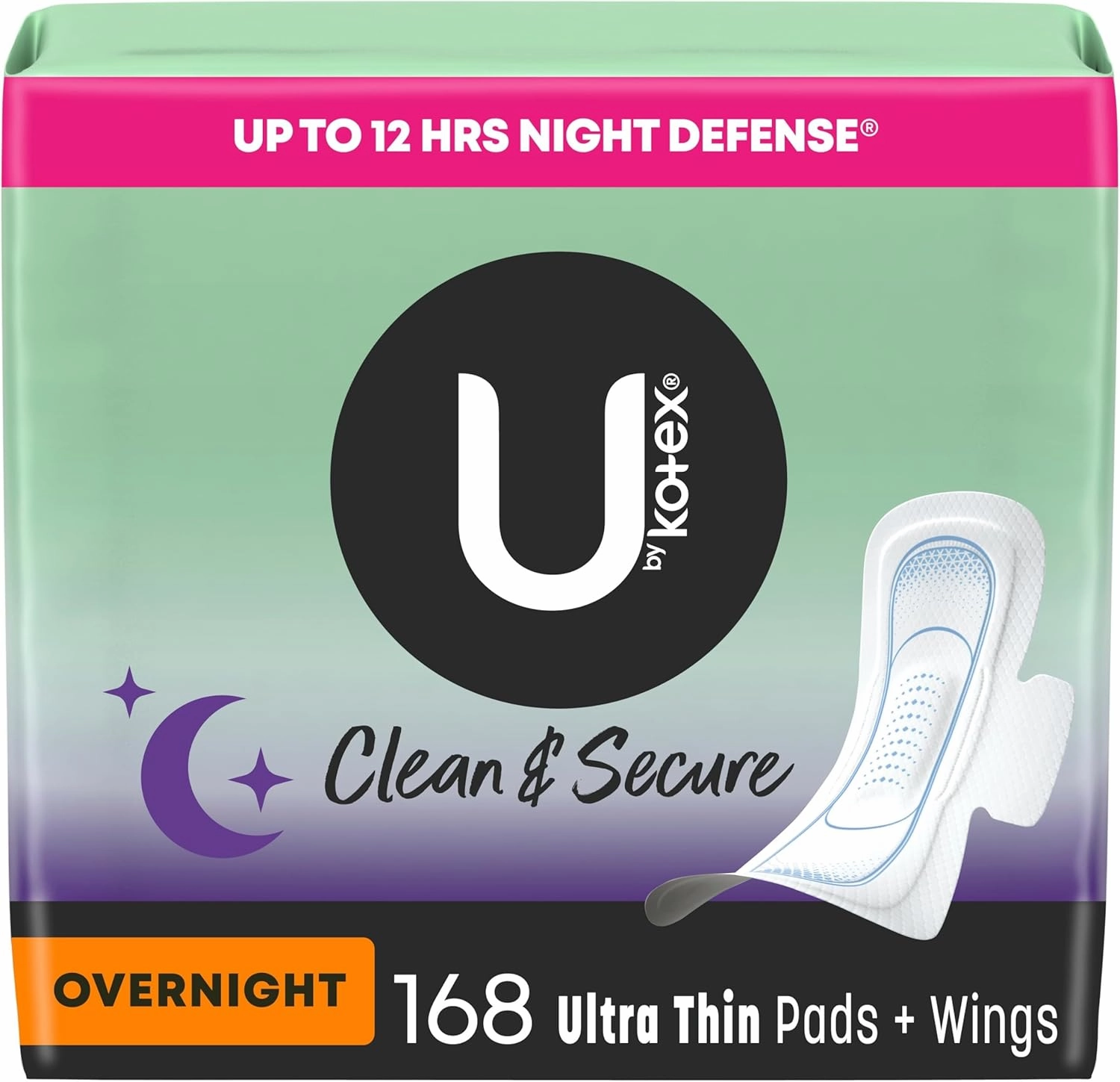 U by Kotex Clean & Secure Ultra Thin Overnight Pads with Wings, 168 Count (6 Packs of 28) (Packaging May Vary)