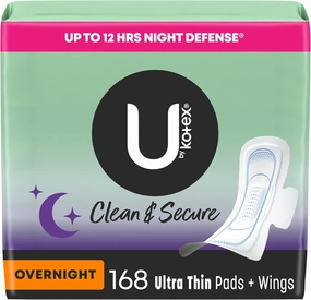 U by Kotex Clean & Secure Ultra Thin Overnight Pads with Wings, 168 Count (6 Packs of 28) (Packaging May Vary)