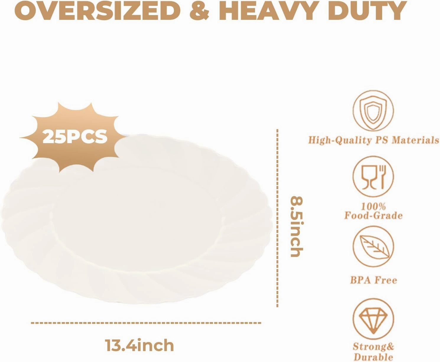 U-QE 25 Count Ivory Plastic Plates - 13.4 inch Oval Plates Disposable Plates Heavy Duty For Big Eaters, Ivory Disposable Platters Ideal for Party, BBQ, Picnic and Weddings