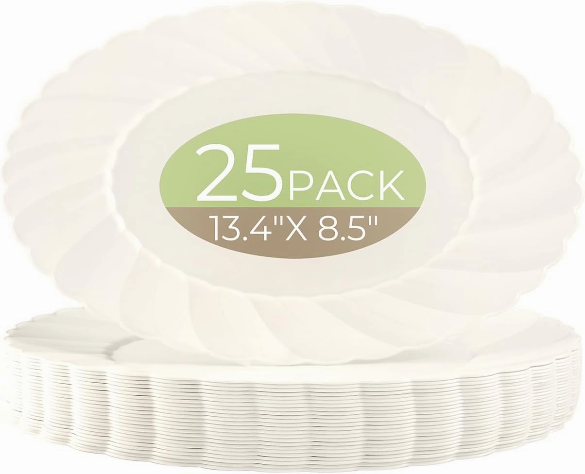 U-QE 25 Count Ivory Plastic Plates - 13.4 inch Oval Plates Disposable Plates Heavy Duty For Big Eaters, Ivory Disposable Platters Ideal for Party, BBQ, Picnic and Weddings