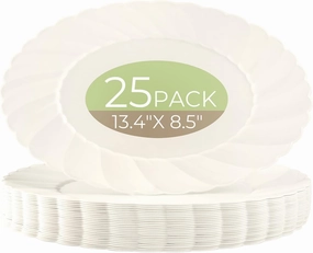 U-QE 25 Count Ivory Plastic Plates - 13.4 inch Oval Plates Disposable Plates Heavy Duty For Big Eaters, Ivory Disposable Platters Ideal for Party, BBQ, Picnic and Weddings