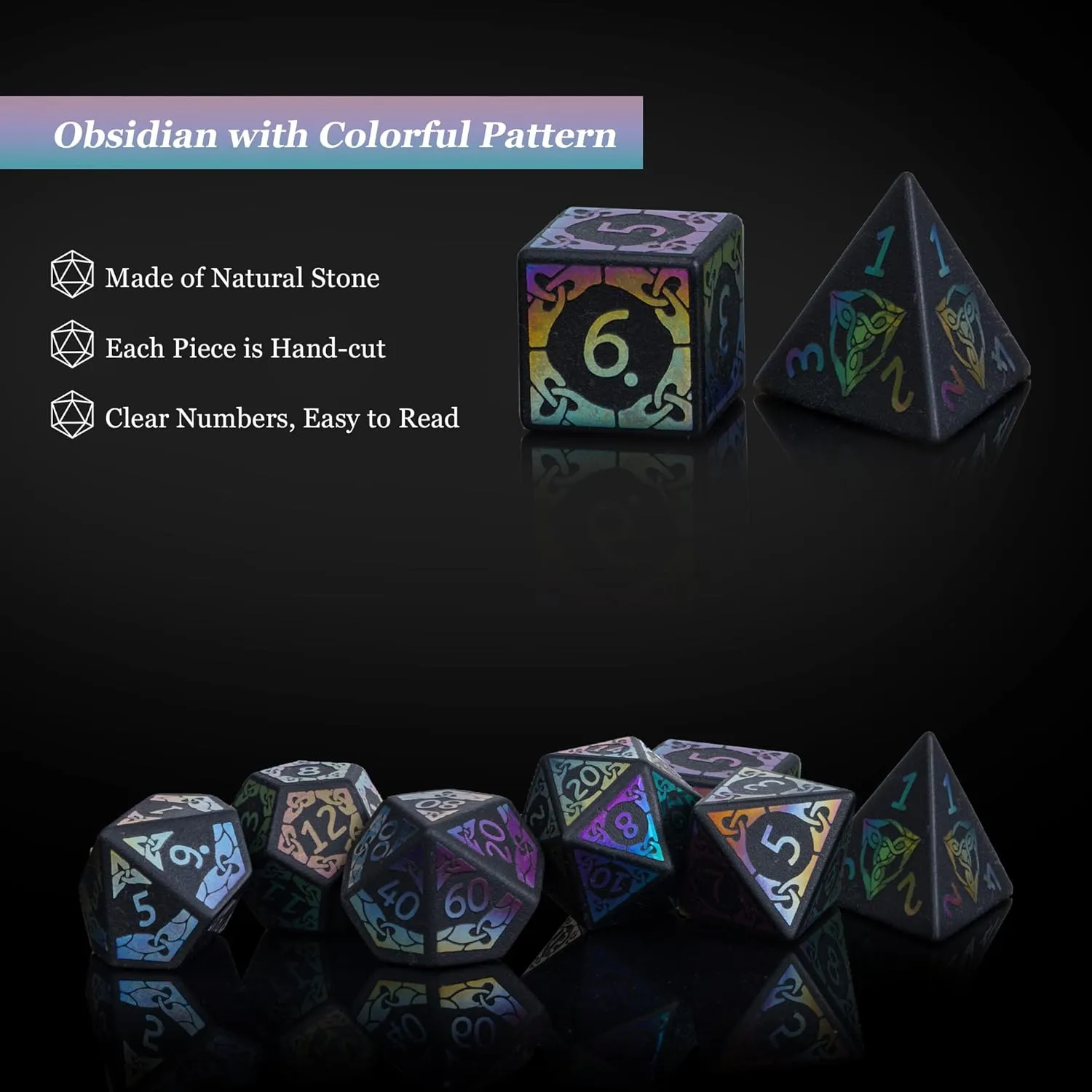 UDIXI Obsidian Dice Gemstone DND Dice Set Stone D&D Dice Colorful Pattern for Dungeons and Dragons and Tabletop Games