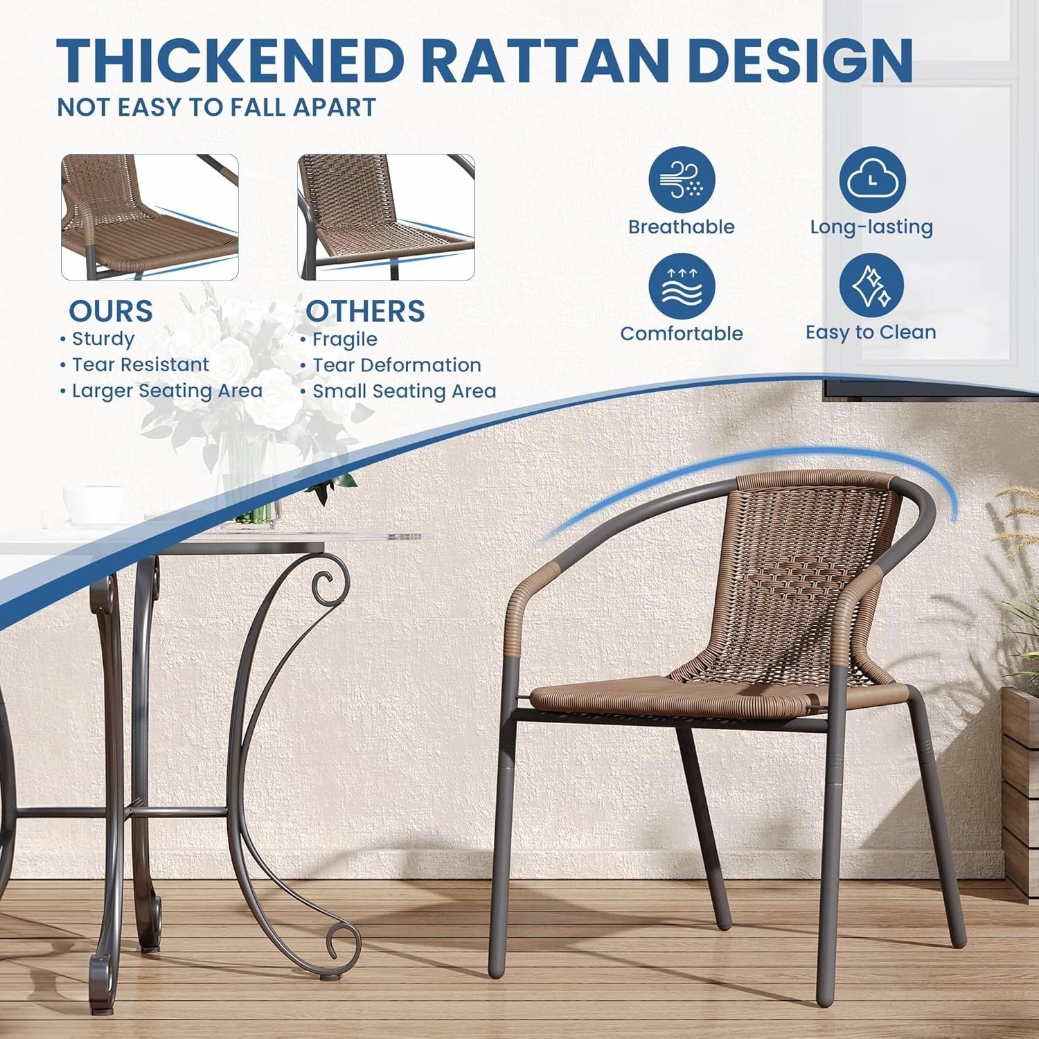 UDPATIO Rattan Outdoor Dining Chairs Set of 6, Wicker Stackable Patio Chairs with All Weather Curved Back & Metal Frame, for Indoor Deck, Brown