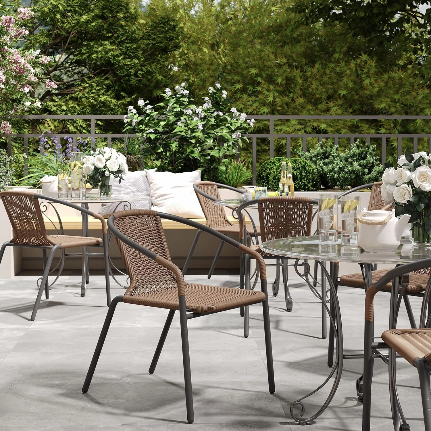 UDPATIO Rattan Outdoor Dining Chairs Set of 6, Wicker Stackable Patio Chairs with All Weather Curved Back & Metal Frame, for Indoor Deck, Brown