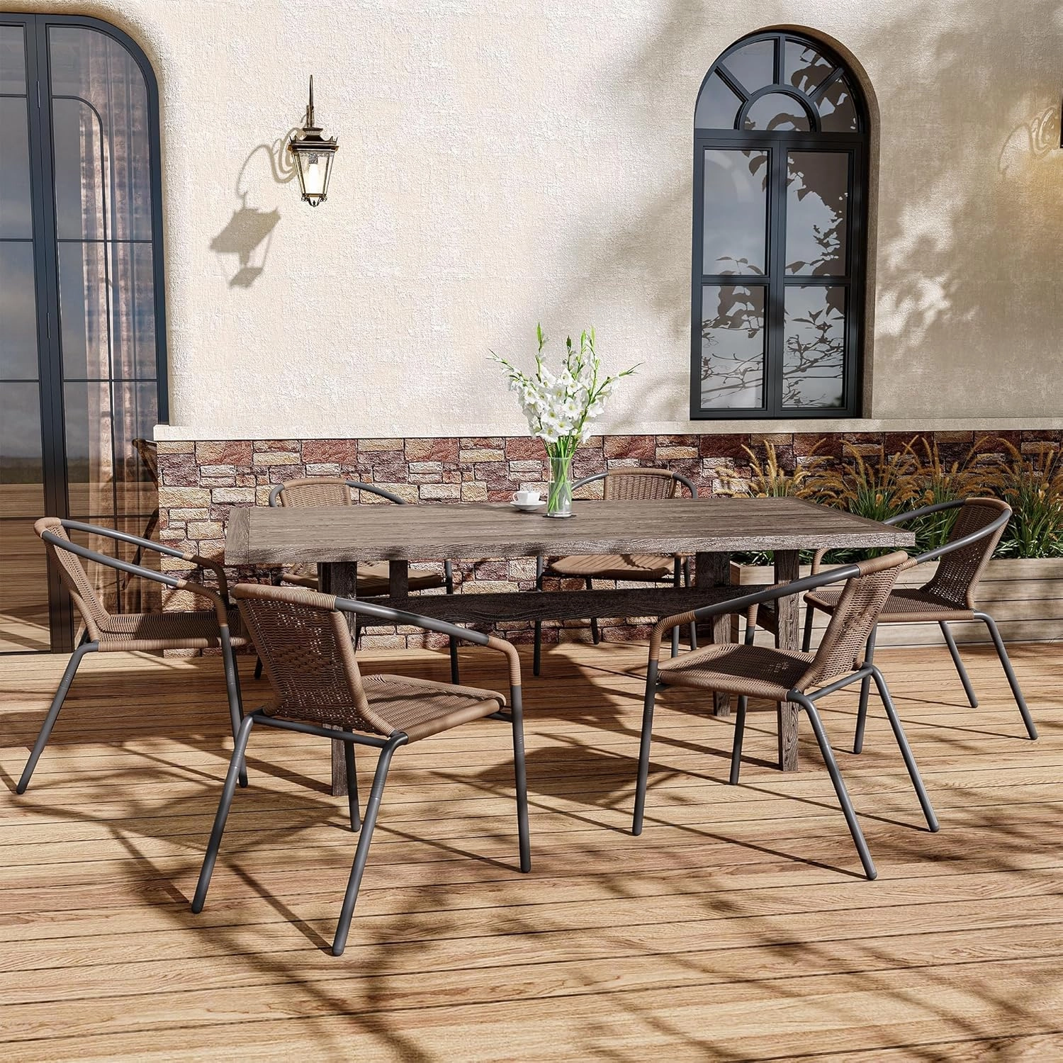 UDPATIO Rattan Outdoor Dining Chairs Set of 6, Wicker Stackable Patio Chairs with All Weather Curved Back & Metal Frame, for Indoor Deck, Brown