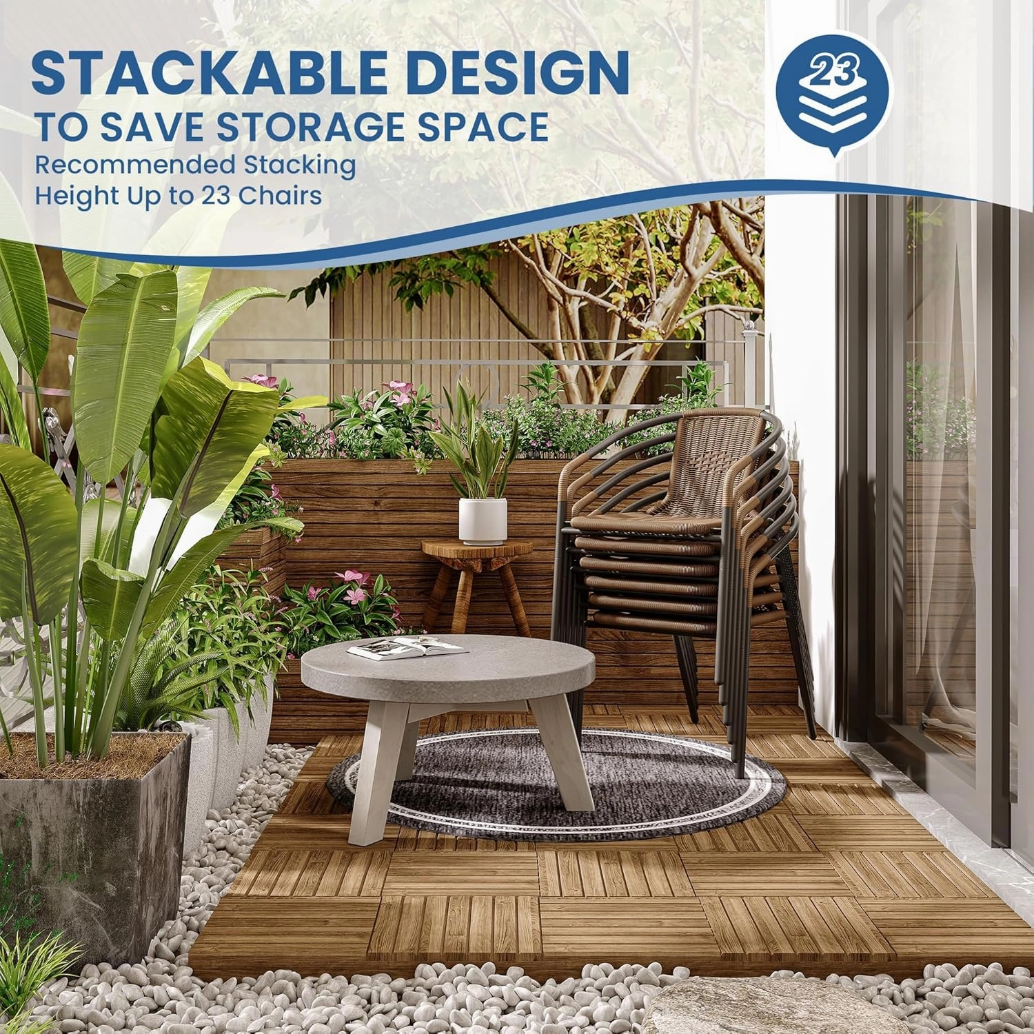 UDPATIO Rattan Outdoor Dining Chairs Set of 6, Wicker Stackable Patio Chairs with All Weather Curved Back & Metal Frame, for Indoor Deck, Brown