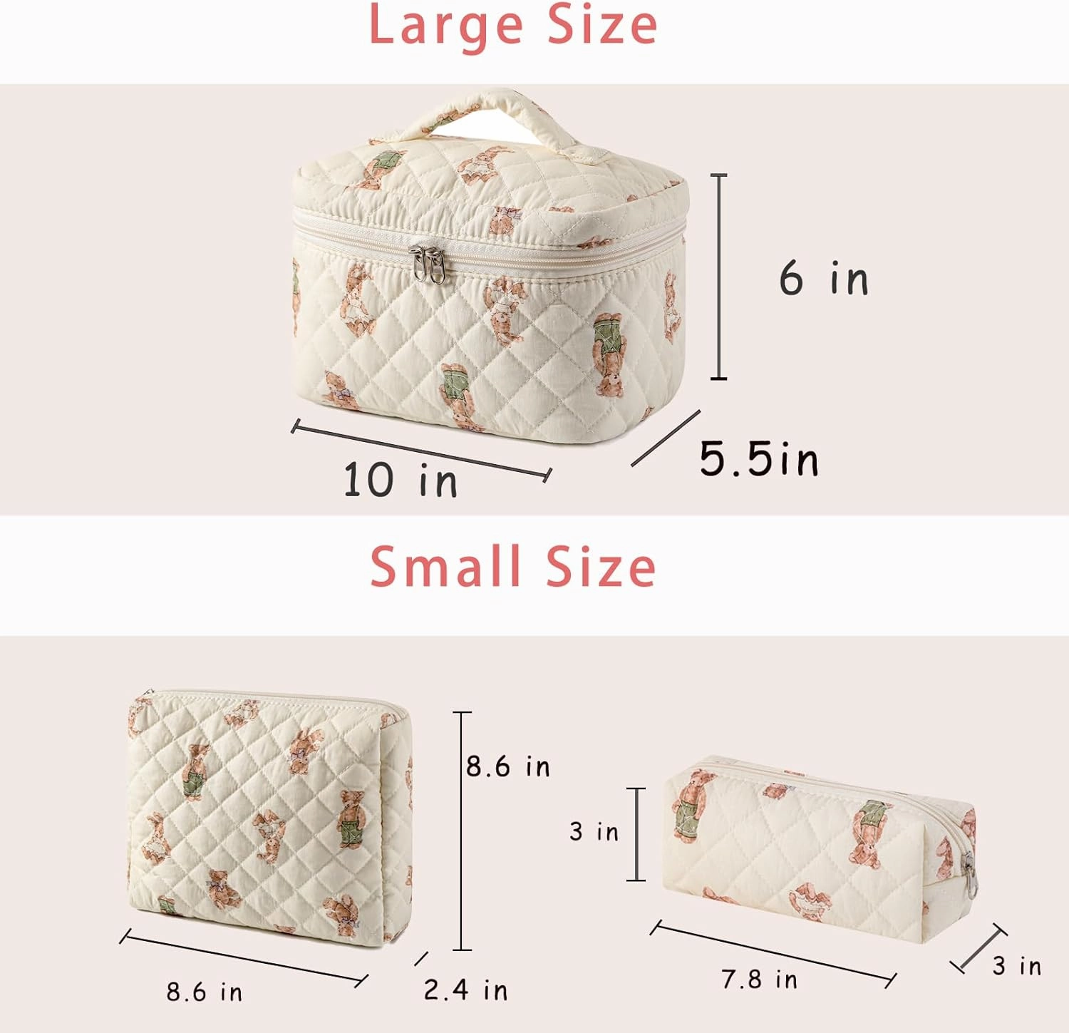 uekeboag 2 pcs Large Floral Quilted Makeup Bag Set for Women, Cotton Quilted Big Cosmetic Bag, Coquette Aesthetic Cute Travel Toiletry Bag