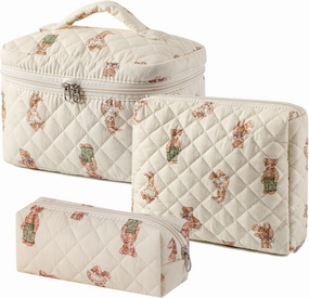 uekeboag 2 pcs Large Floral Quilted Makeup Bag Set for Women, Cotton Quilted Big Cosmetic Bag, Coquette Aesthetic Cute Travel Toiletry Bag
