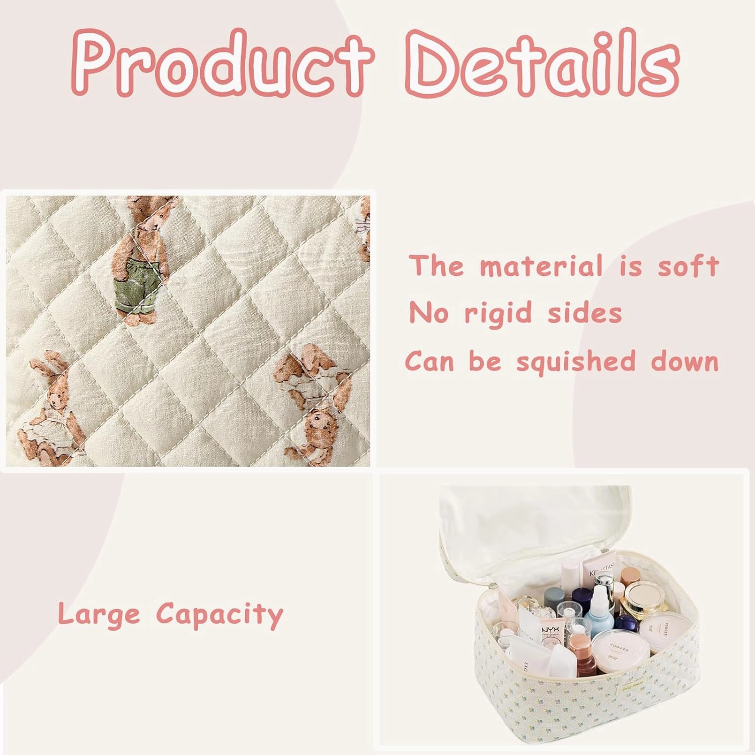 uekeboag 2 pcs Large Floral Quilted Makeup Bag Set for Women, Cotton Quilted Big Cosmetic Bag, Coquette Aesthetic Cute Travel Toiletry Bag
