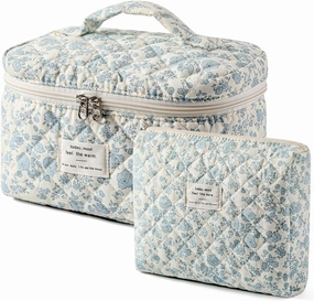 uekeboag 2 Pcs Large Quilted Makeup Bag, Cotton Quilted Toiletry Bag for Women,Floral Coquette Makeup Bag,Cute Kawaii Travel Cosmetic Bags(03Lightblue Flower)