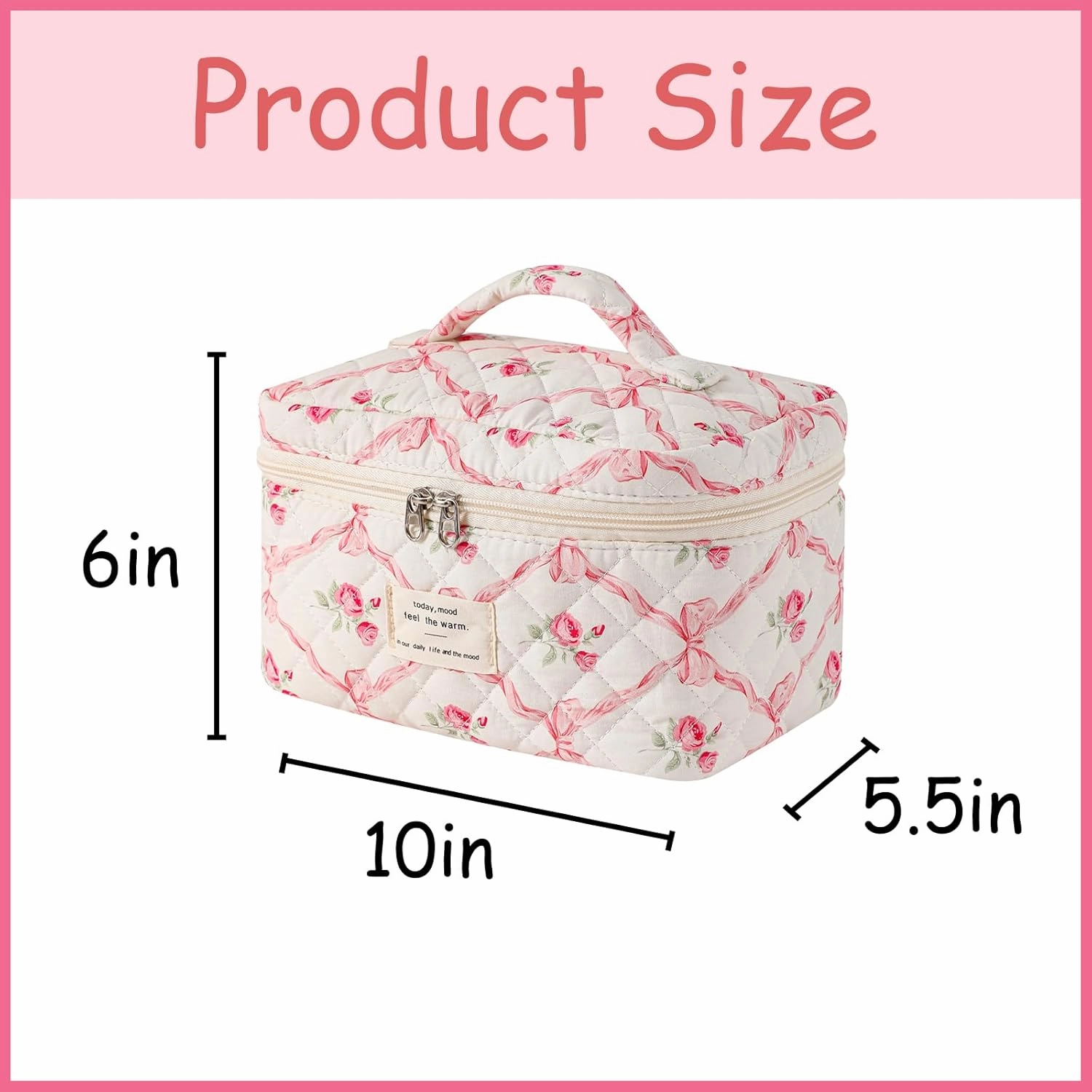 uekeboag Large Quilted Makeup Bag, Cotton Quilted Toiletry Bag for Women,Floral Coquette Makeup Bag,Cute Kawaii Travel Cosmetic Bags(07Pink Bows)
