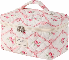 uekeboag Large Quilted Makeup Bag, Cotton Quilted Toiletry Bag for Women,Floral Coquette Makeup Bag,Cute Kawaii Travel Cosmetic Bags(07Pink Bows)