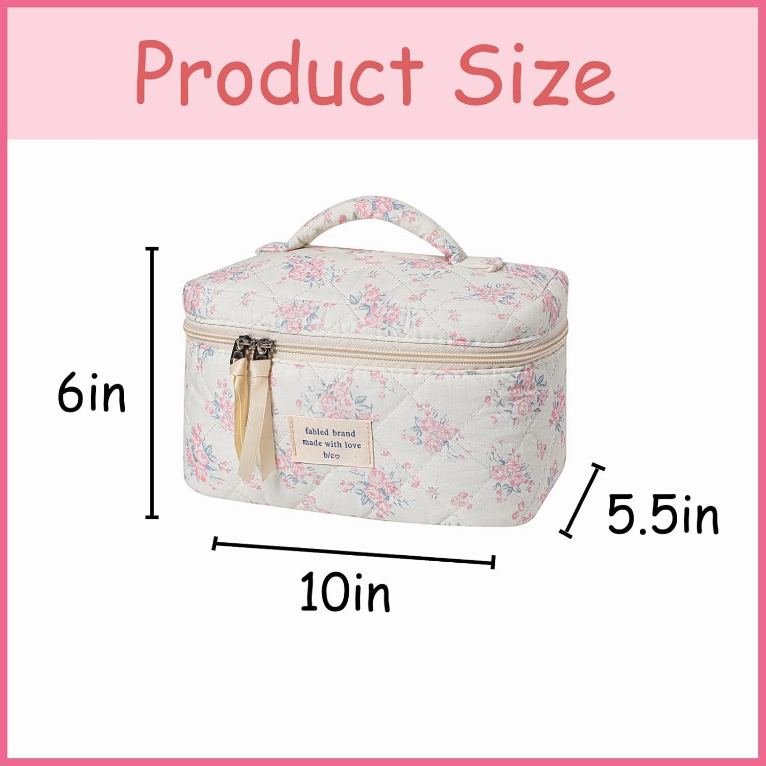uekeboag Large Travel Quilted Makeup Bag for Women, Floral Cotton Cosmetic Bag, Coquette Aesthetic Floral Toiletry Organizer Bag