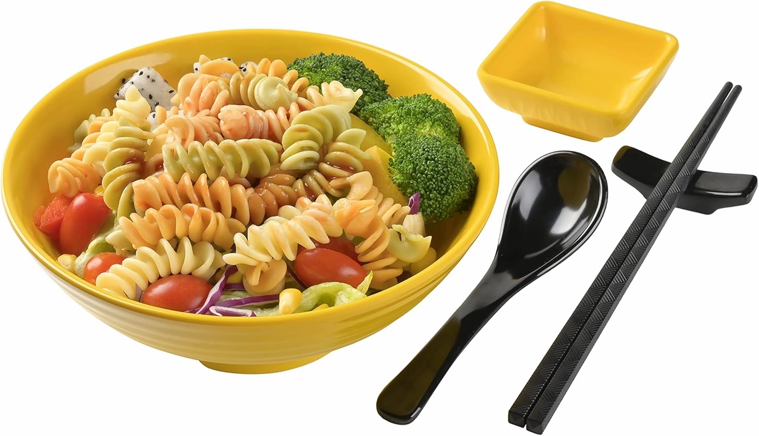 Unbreakable Ramen Bowl Set with Chopsticks and Spoon: 2 large Japanese Style Melamine Ramen Bowls, Dipping Bowls and Chopstick Stands for Asian Pho Soup Thai Miso Udon Wonton (2 Bowl Set, Yellow)