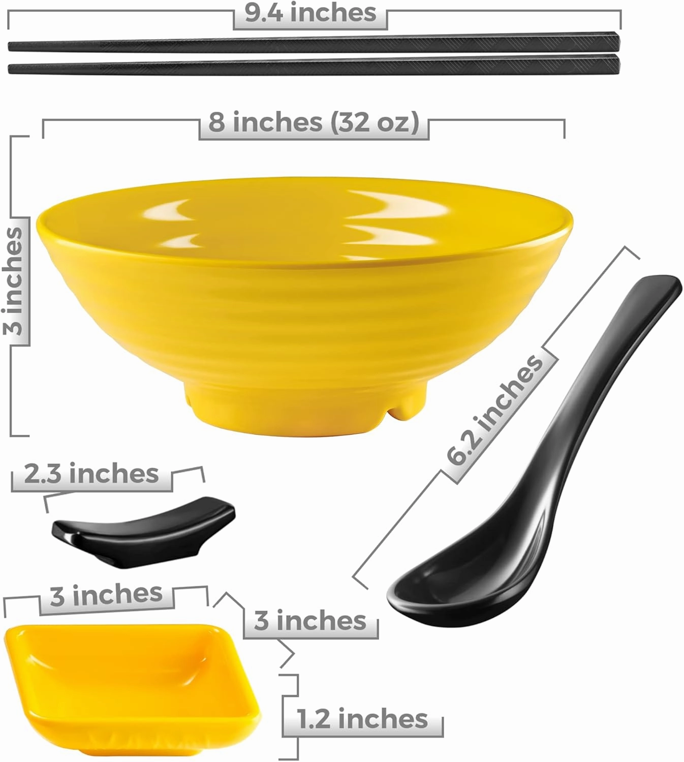 Unbreakable Ramen Bowl Set with Chopsticks and Spoon: 2 large Japanese Style Melamine Ramen Bowls, Dipping Bowls and Chopstick Stands for Asian Pho Soup Thai Miso Udon Wonton (2 Bowl Set, Yellow)