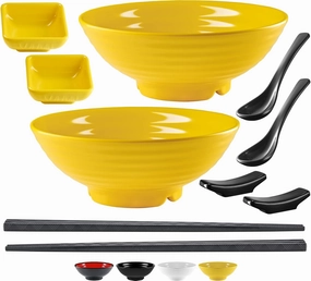Unbreakable Ramen Bowl Set with Chopsticks and Spoon: 2 large Japanese Style Melamine Ramen Bowls, Dipping Bowls and Chopstick Stands for Asian Pho Soup Thai Miso Udon Wonton (2 Bowl Set, Yellow)