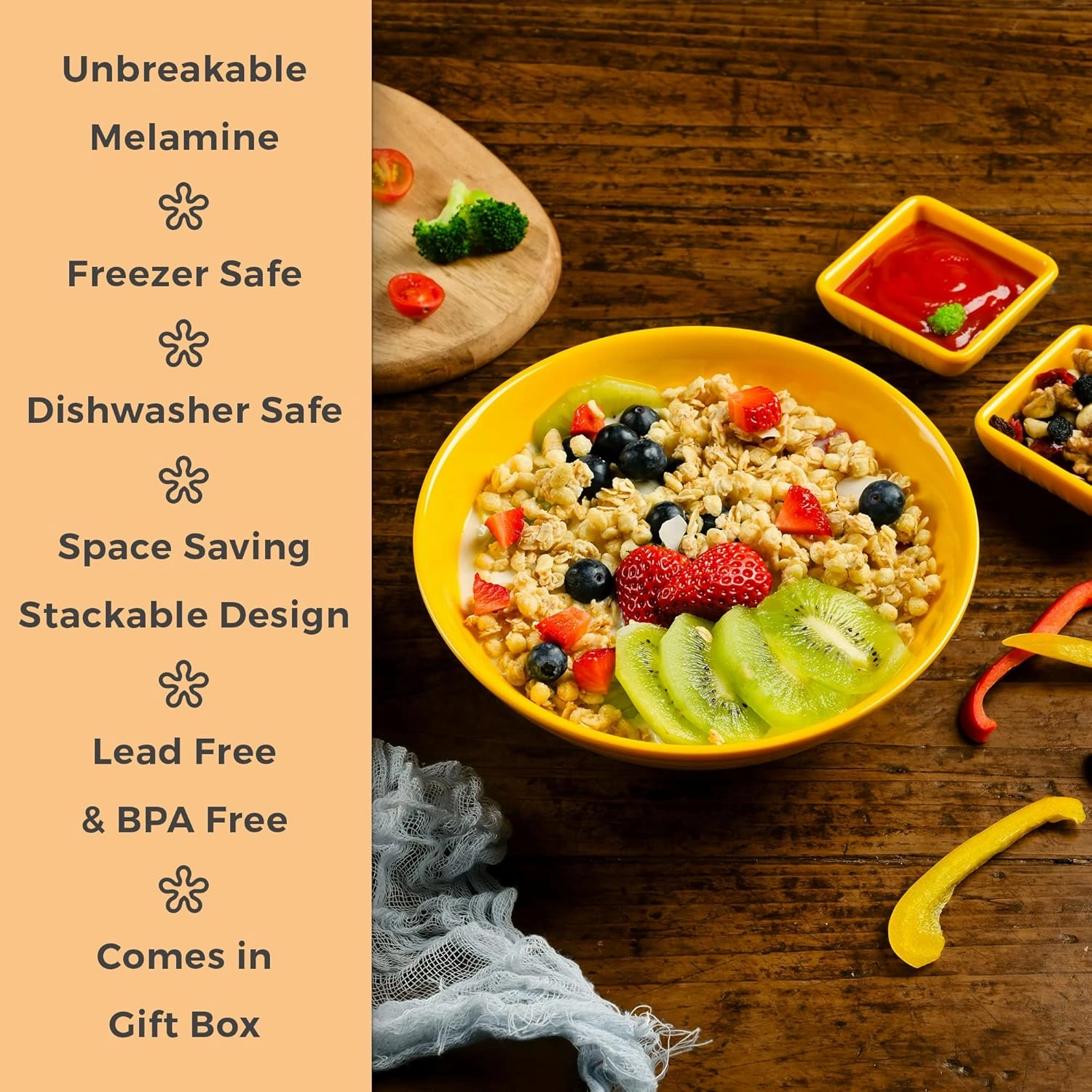 Unbreakable Ramen Bowl Set with Chopsticks and Spoon: 2 large Japanese Style Melamine Ramen Bowls, Dipping Bowls and Chopstick Stands for Asian Pho Soup Thai Miso Udon Wonton (2 Bowl Set, Yellow)