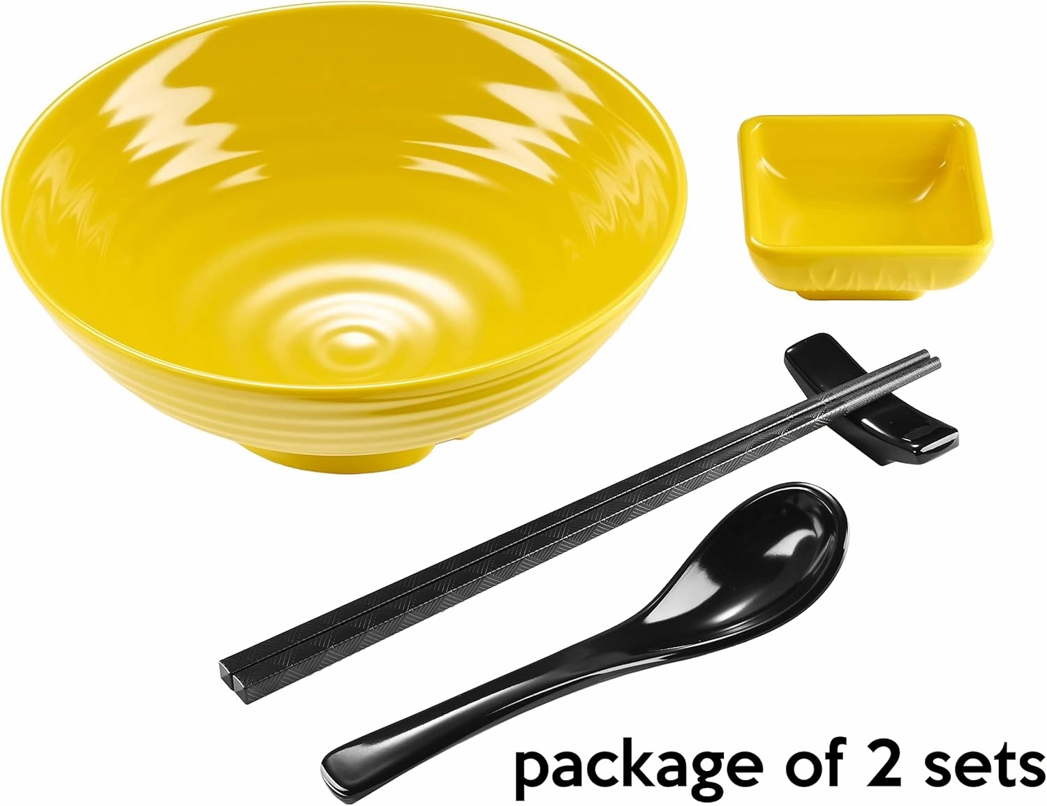 Unbreakable Ramen Bowl Set with Chopsticks and Spoon: 2 large Japanese Style Melamine Ramen Bowls, Dipping Bowls and Chopstick Stands for Asian Pho Soup Thai Miso Udon Wonton (2 Bowl Set, Yellow)