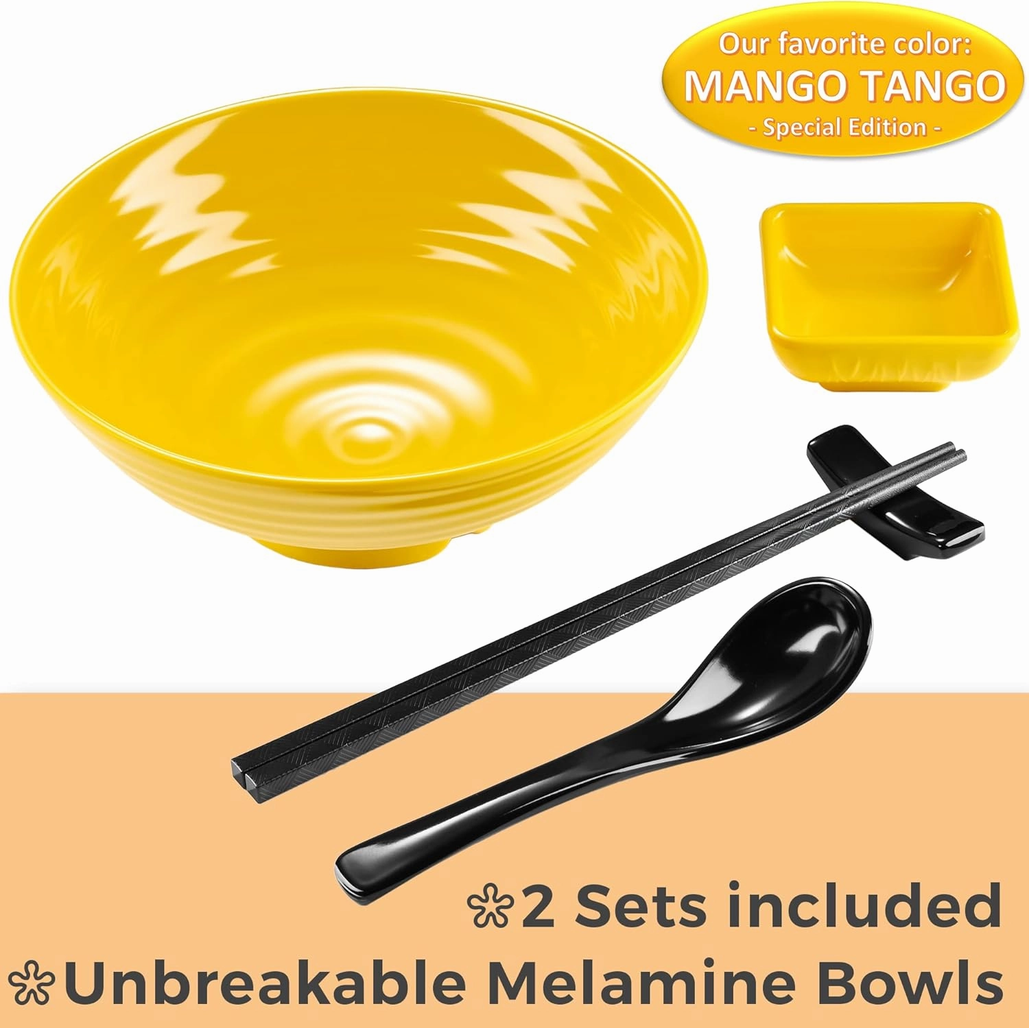 Unbreakable Ramen Bowl Set with Chopsticks and Spoon: 2 large Japanese Style Melamine Ramen Bowls, Dipping Bowls and Chopstick Stands for Asian Pho Soup Thai Miso Udon Wonton (2 Bowl Set, Yellow)