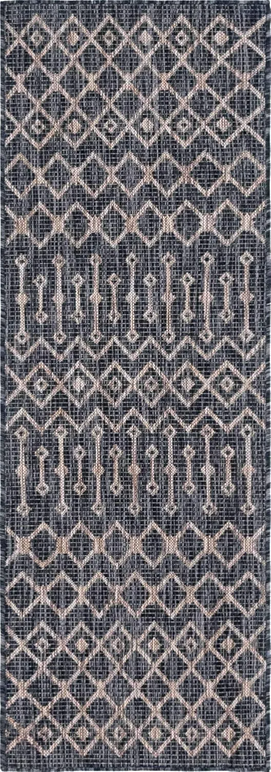 Unique Loom Outdoor Trellis Collection Area Rug - Tribal Trellis (2' x 6' 1" Runner, Charcoal Gray/ Natural)