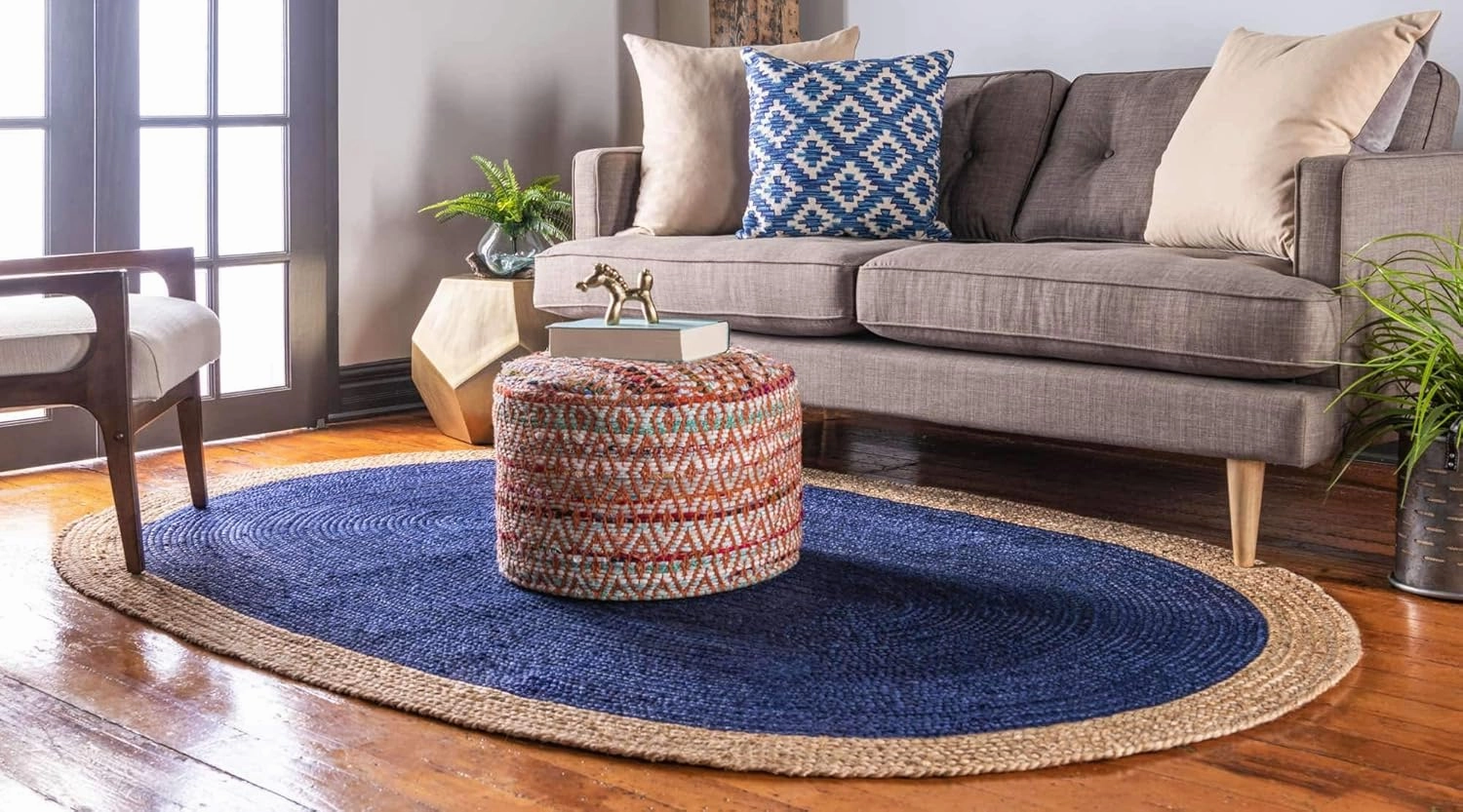 Unique Loom Braided Jute Collection Classic Quality Made Hand Woven with Solid Color Detail, Area Rug (3' 3 x 5' 0 Oval, Navy Blue/ Natural)