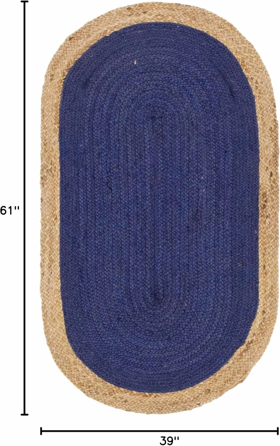 Unique Loom Braided Jute Collection Classic Quality Made Hand Woven with Solid Color Detail, Area Rug (3' 3 x 5' 0 Oval, Navy Blue/ Natural)